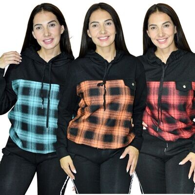 Sudadera combinada a cuadros con gorro para dama Sudadera combinada a cuadros con gorro para dama
