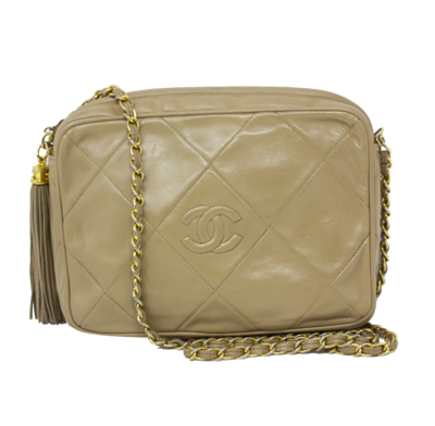 Chanel Beige Lambskin Leather CC Tassel Camera Bag
