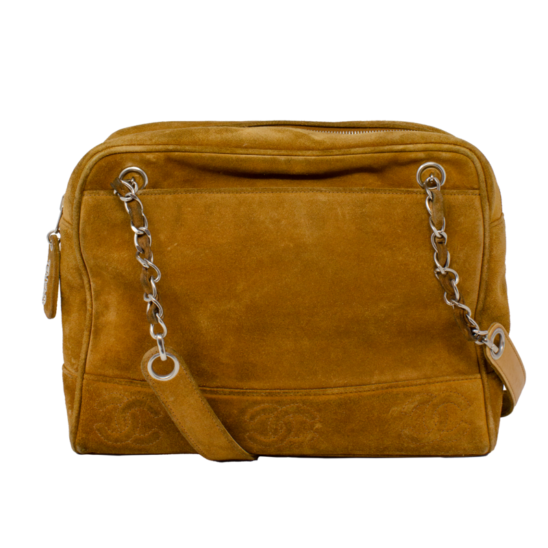 Chanel 90s Brown Suede Front Logo Chain Shoulder Bag