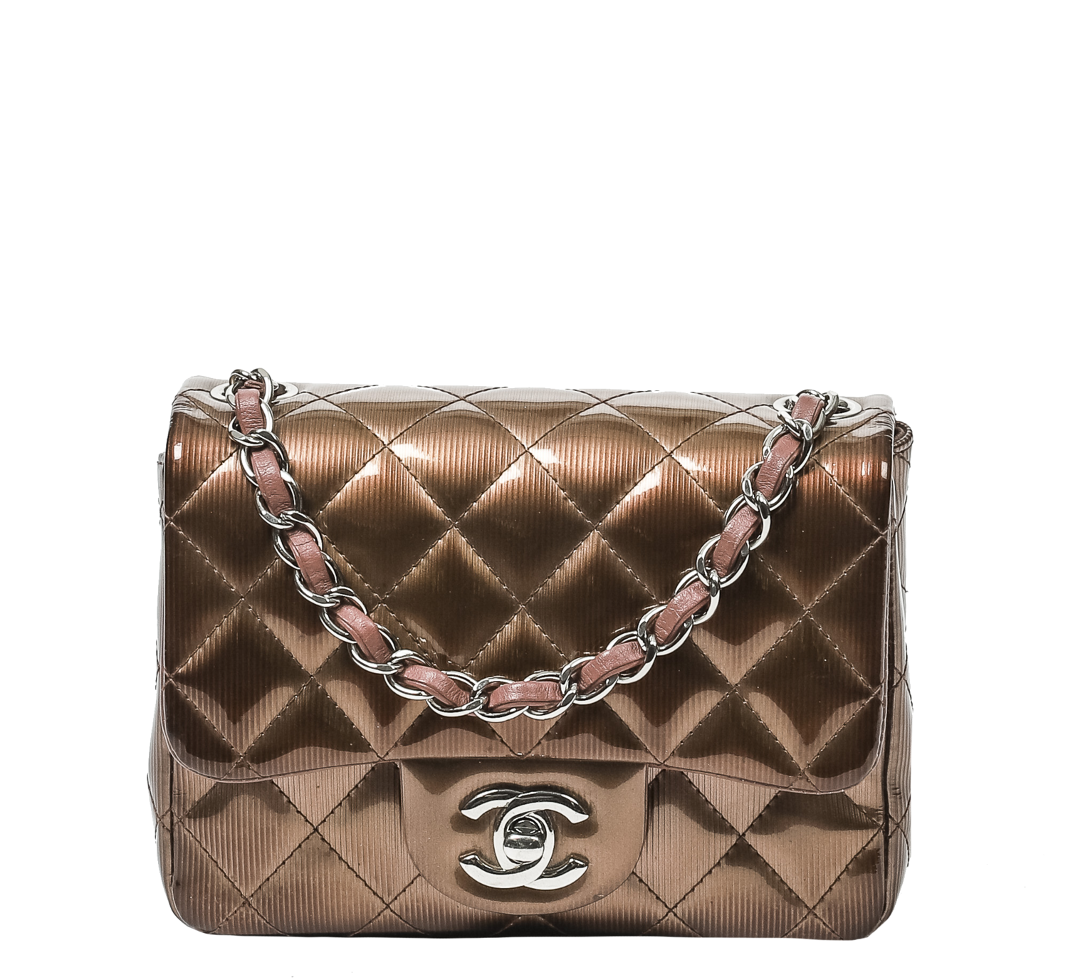 Chanel Brown Quilted Patent Leather Square Single Flap Bag