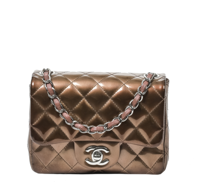 Chanel Limited Edition Pink Rose Fonce Striated Patent Mini Square Flap Bag