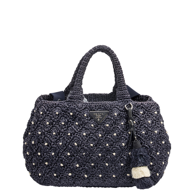 Prada Navy Crochet Woven Canapa Tote
