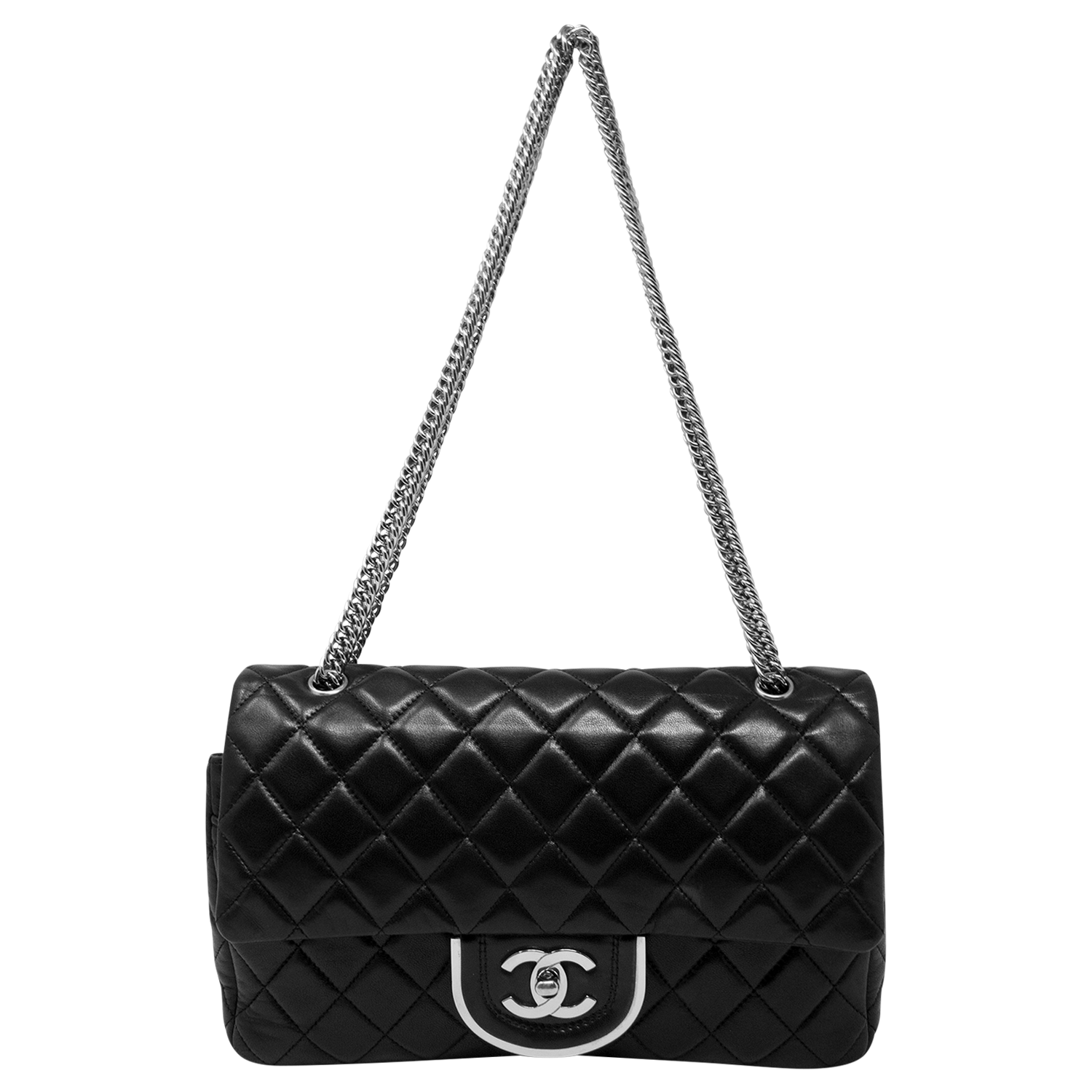 Chanel Limited Edition Black Lambskin Silver Plate Double Flap Bag