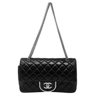 Chanel Limited Edition Black Lambskin Silver Plate Double Flap Bag