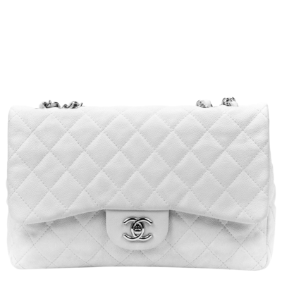 Chanel White Rare Caviar Jumbo Classic Single Flap Bag
