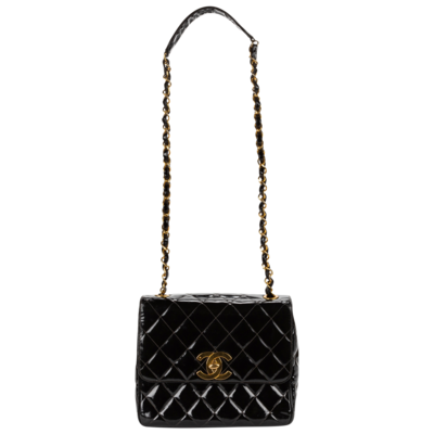 Chanel Black Patent Quilted Large CC Logo Square Flap Bag