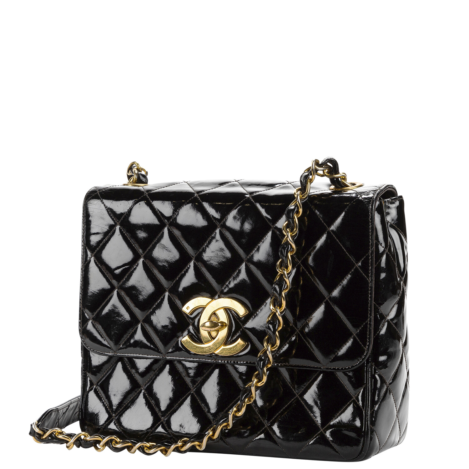 Chanel Black Patent Quilted Large CC Logo Square Flap Bag