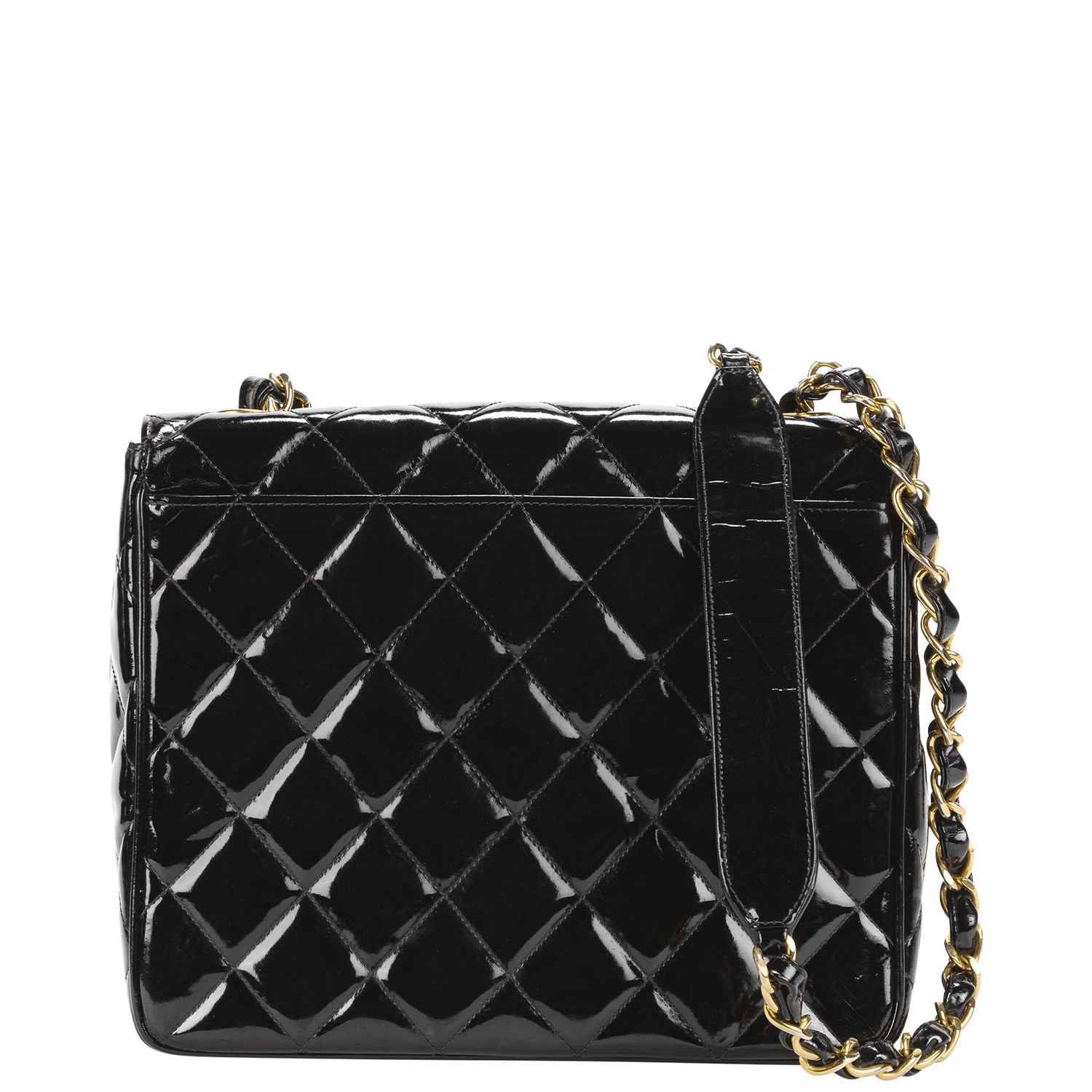 Chanel Black Patent Quilted Large CC Logo Square Flap Bag - shop 