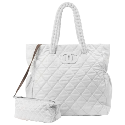 Chanel Large White CC Quilted Tote w/ Pouch