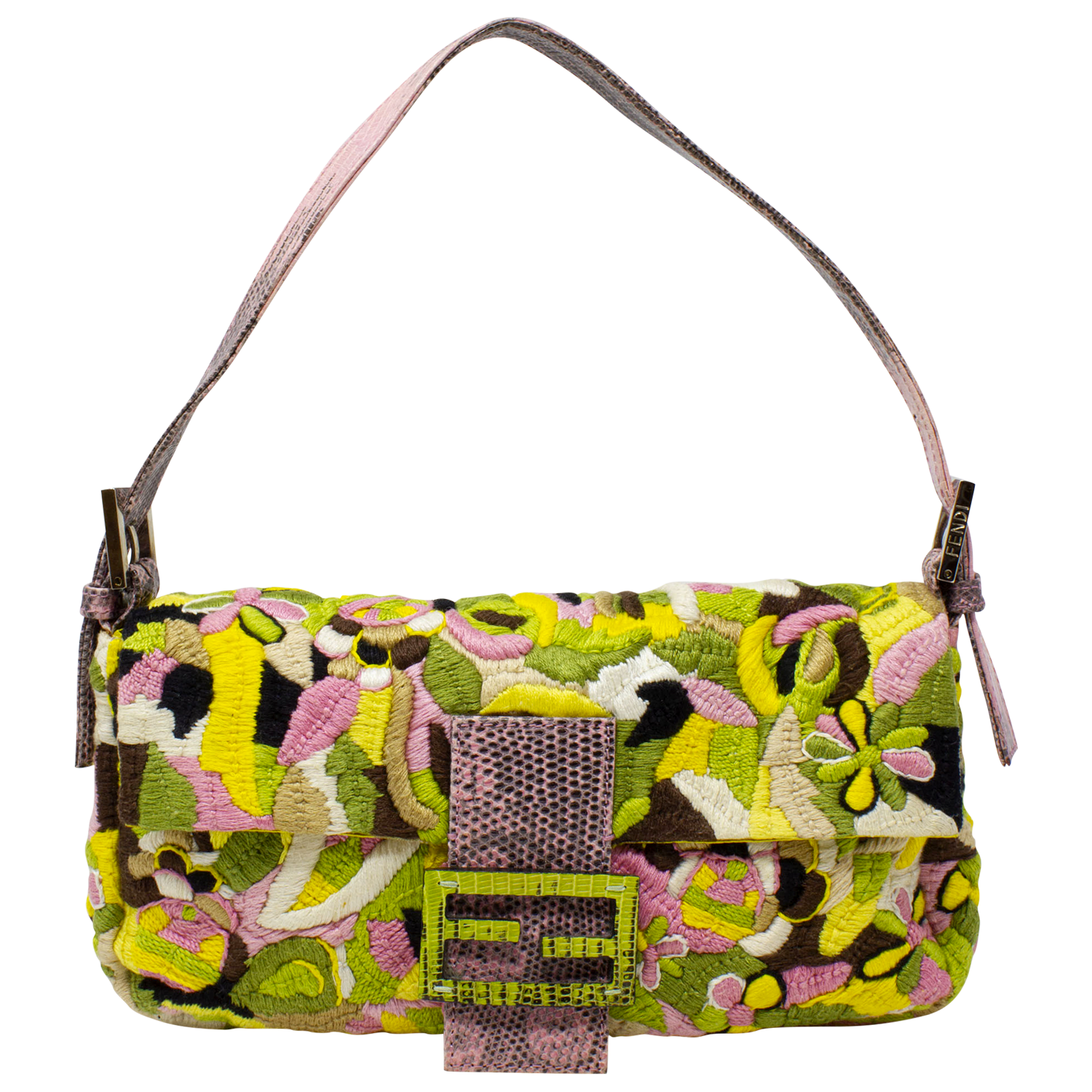 Fendi Limited Edition Pink and Green Multicolor Embroidered Baguette