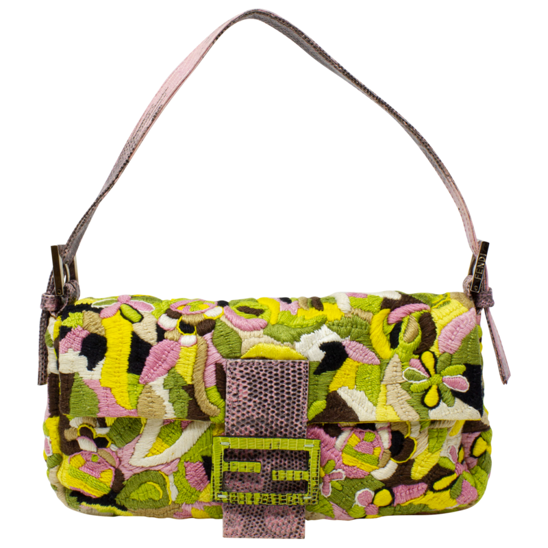 Fendi Limited Edition Pink and Green Multicolor Embroidered Baguette
