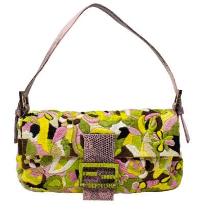 Fendi Limited Edition Pink and Green Multicolor Embroidered Baguette