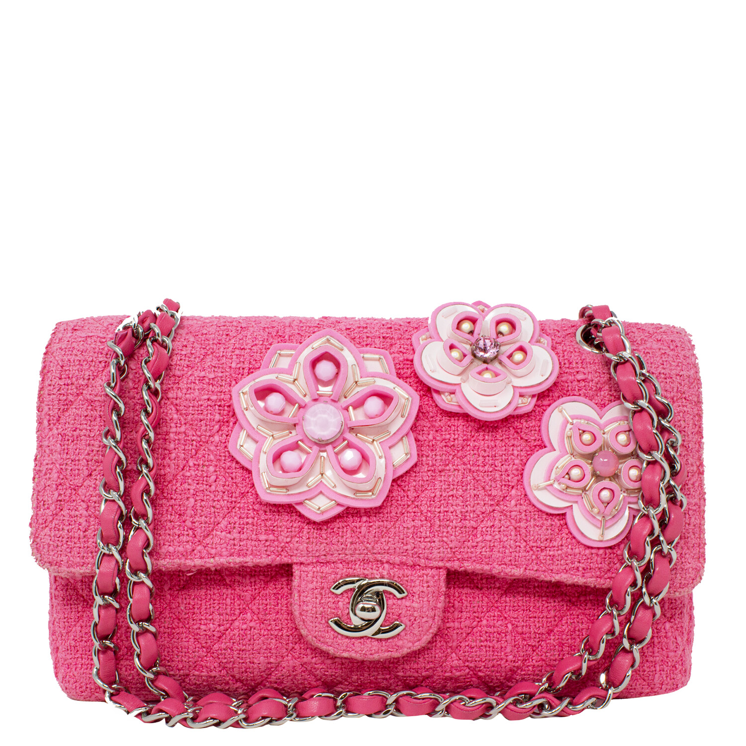 Chanel Limited Edition 2016 Pink Tweed Floral Embellished Double Flap Bag