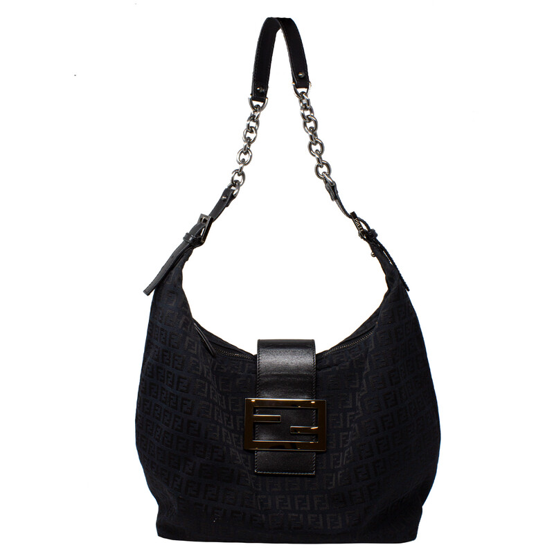 Fendi Black Zucchino Chain Hobo Shoulder Bag