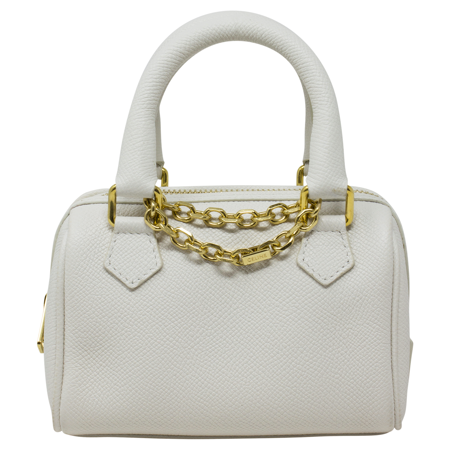 Celine Mini White Grained Leather Logo Chain Top Handle Bag