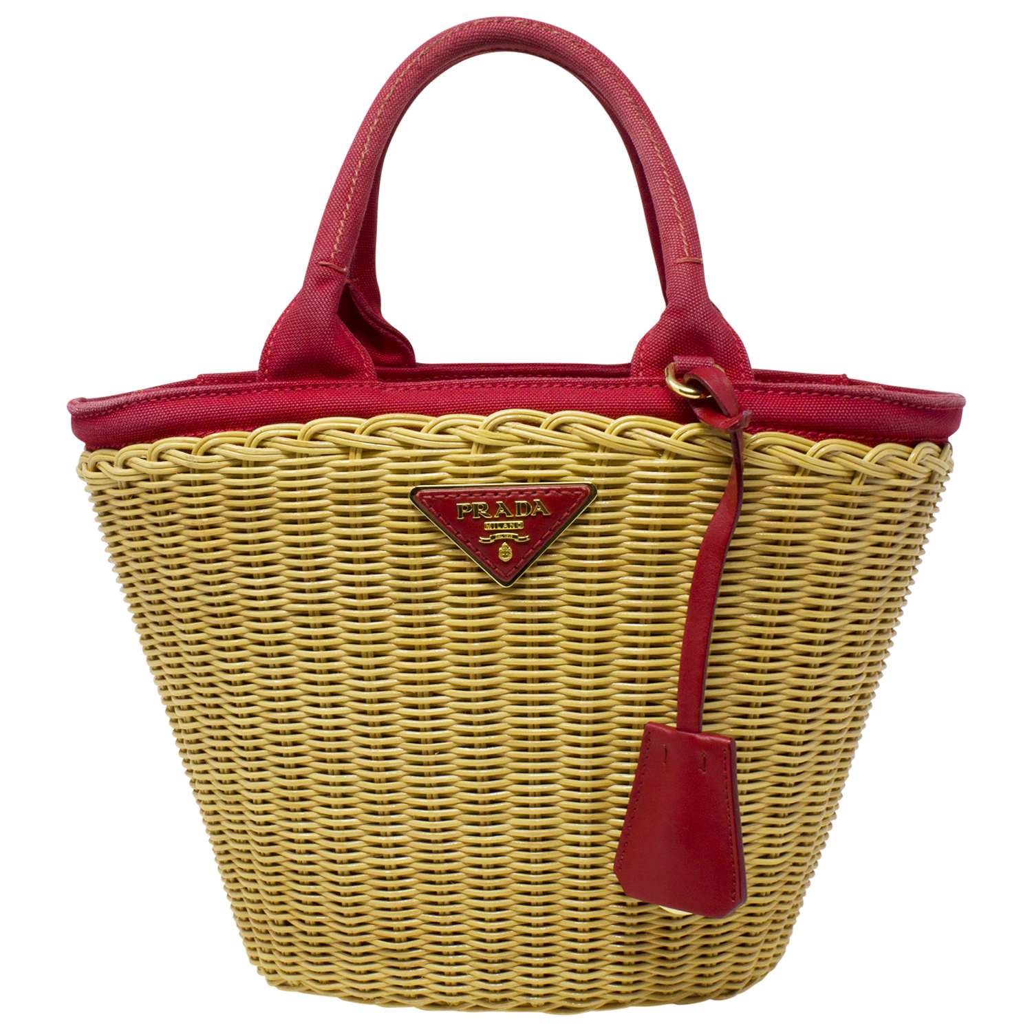 Prada Beige Wicker and Red Canvas Trimmed Tote