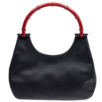 Gucci Black Leather Red Bamboo Top Handle Bag