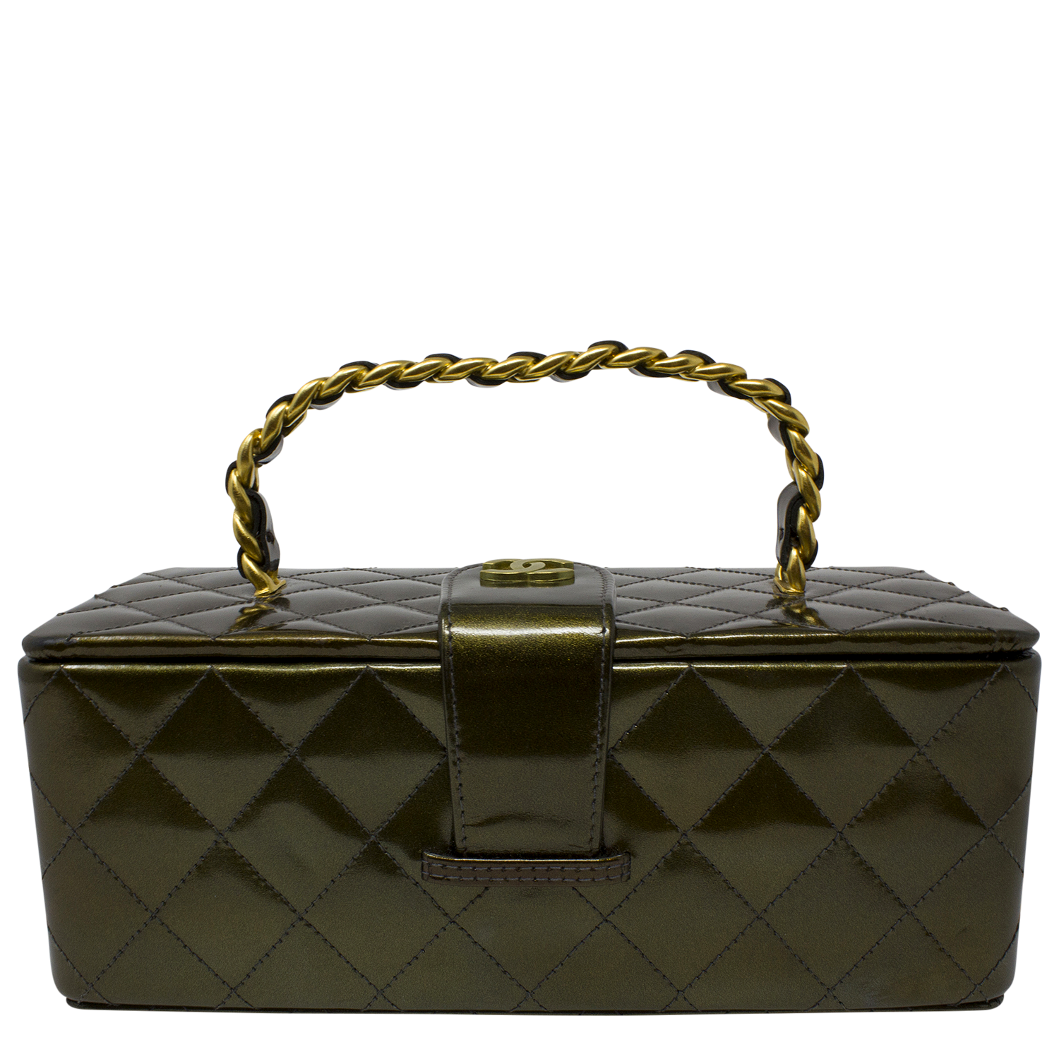 Chanel 1994 Collector's Olive Green Patent Leather Quilted Top Handle Bag