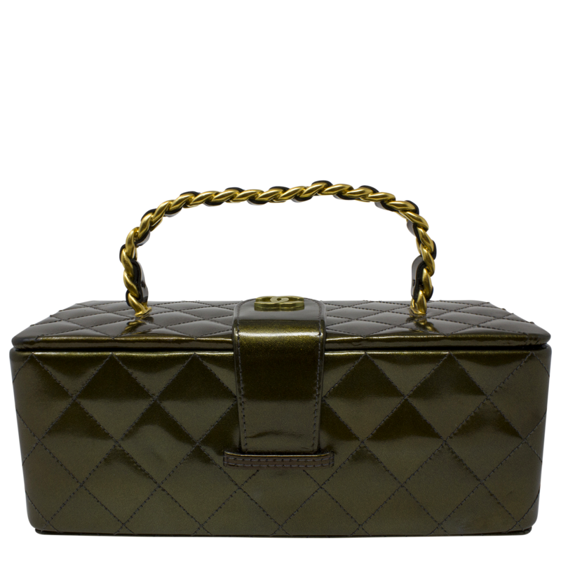 Chanel 1994 Collector's Olive Green Patent Leather Quilted Top Handle Bag