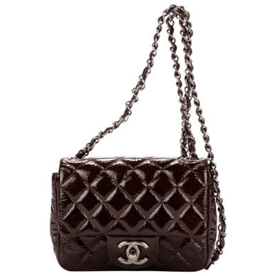 CHANEL Luxury Line Patent Leather Black Silver Boston Bag Handbag #2506  Rise-on