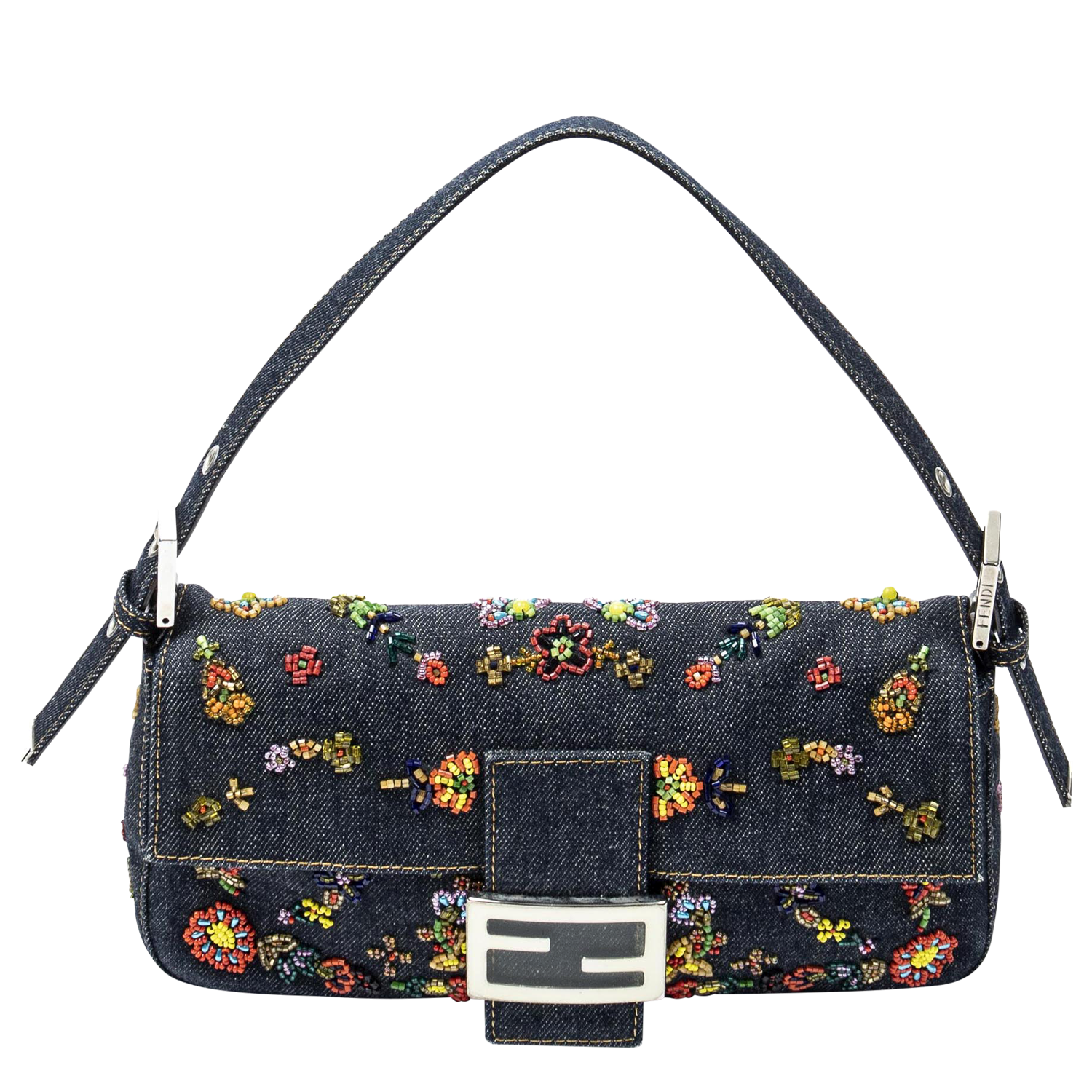 Fendi Limited Edition Denim Embroidered Beads Baguette