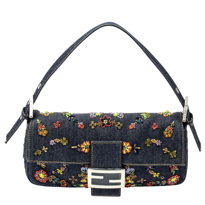 Fendi Limited Edition Denim Embroidered Beads Baguette