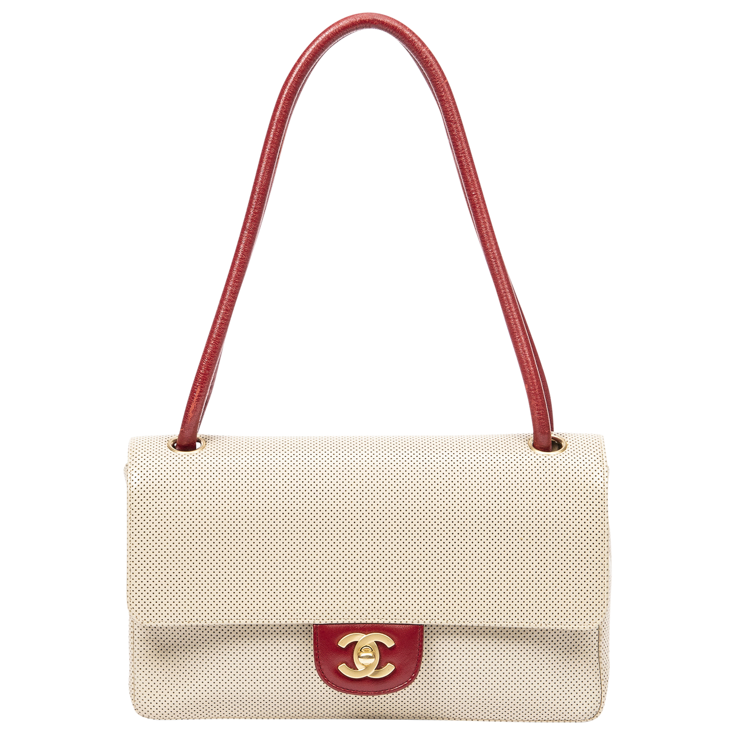 Chanel Beige/Red Perforated Leather CC Turnlock Flap Bag