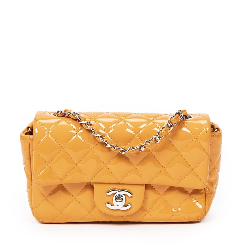 Chanel 2014 Orange Patent Leather Mini Single Flap Bag