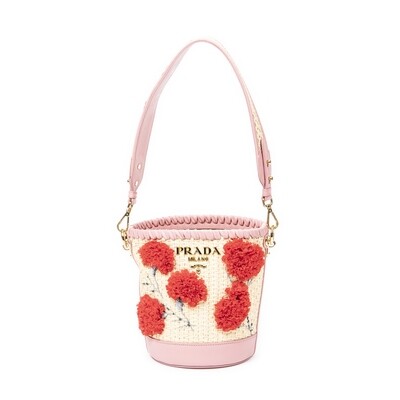 Prada Pink Embroidered Raffia Bucket Bag