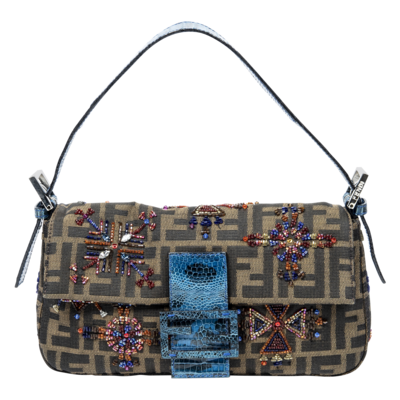 Fendi Brown/Blue Zucca Embroidered Python Beaded Baguette