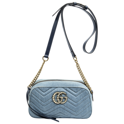 Gucci Blue Denim Small GG Marmont Pearl Bag