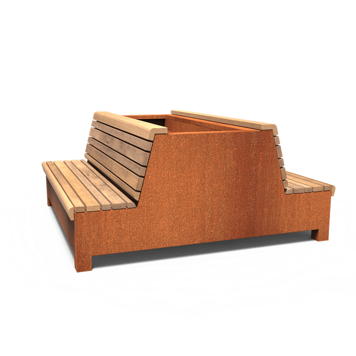 Ensemble bac ( pot , jardinière ou banc )acier corten avec assise bois îlot fraicheur urbain