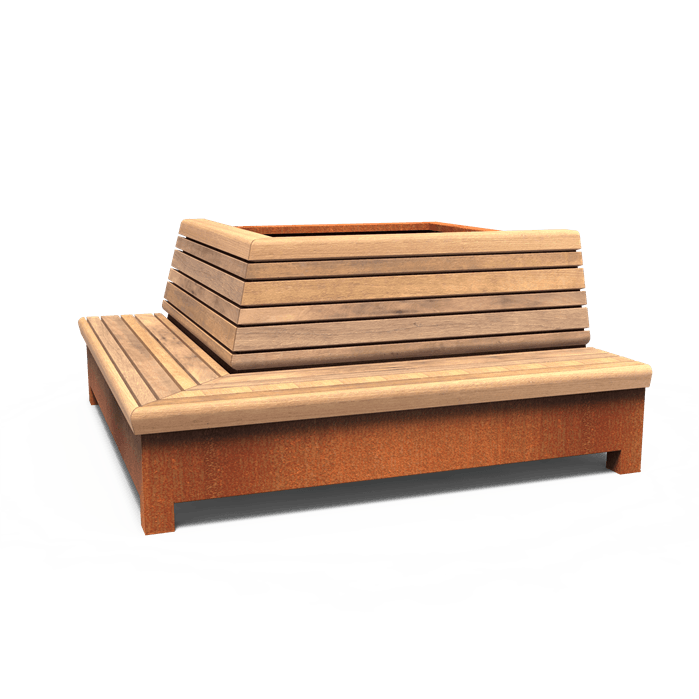 Ensemble bac ( pot, jardinière ou banc )acier corten avec assise bois îlot  fraicheur urbain