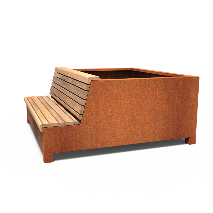 Ensemble bac ( pot , jardinière ou banc ) acier corten avec assise bois îlot fraicheur urbain