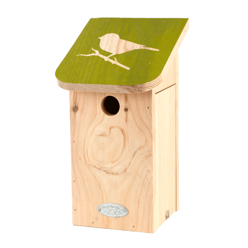 Nichoir oiseau mésange bleu avec pochoir sur le toit