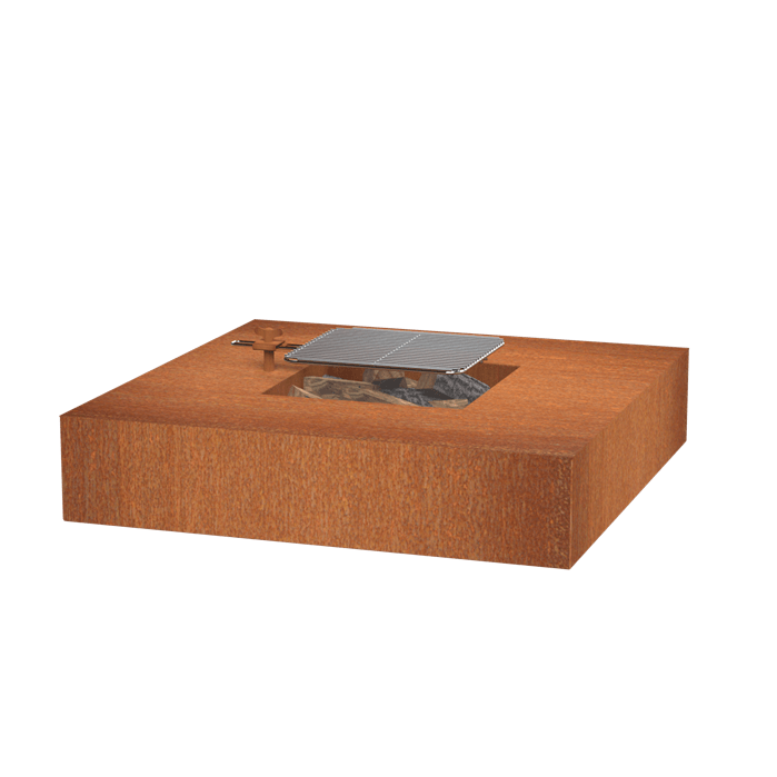 Table de feu acier corten carré avec grille  1200 x 1200 x 280 mm