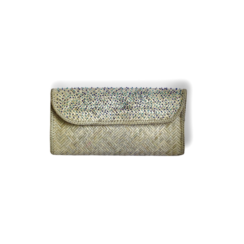 Exclusive Finely-Woven Kelarai Clutch - Soft Grey and Hand-Sewn Beads