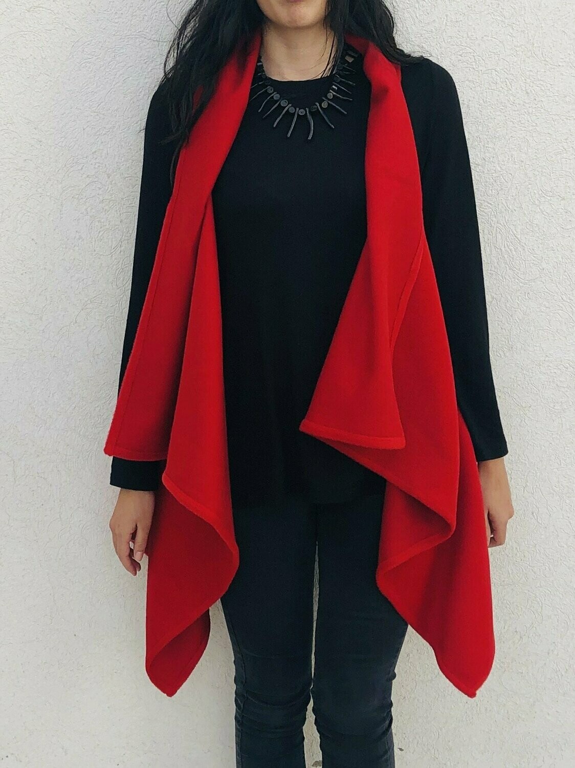 red sleeveless cardigan