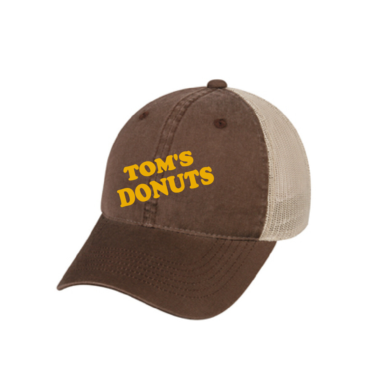 Tom's Donuts Hat - Brown with Yellow Lettering