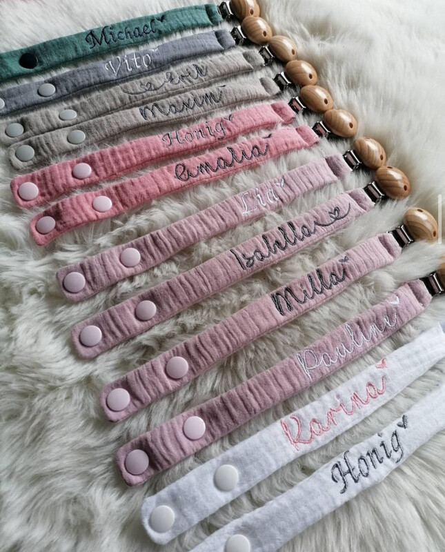 Schnullerkette mit Name, personalisiert, bestickt mit Name, Musselin Schnullerkette, Geschenke Geburt, Schnullerband, Schnullerhalter