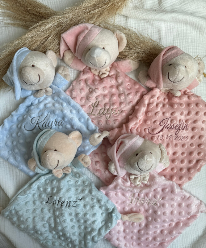 Teddy Schmusetuch Schnuffeltuch personalisiert Kuscheltuch mit Name Geschenk zur Geburt bestickt mit Name