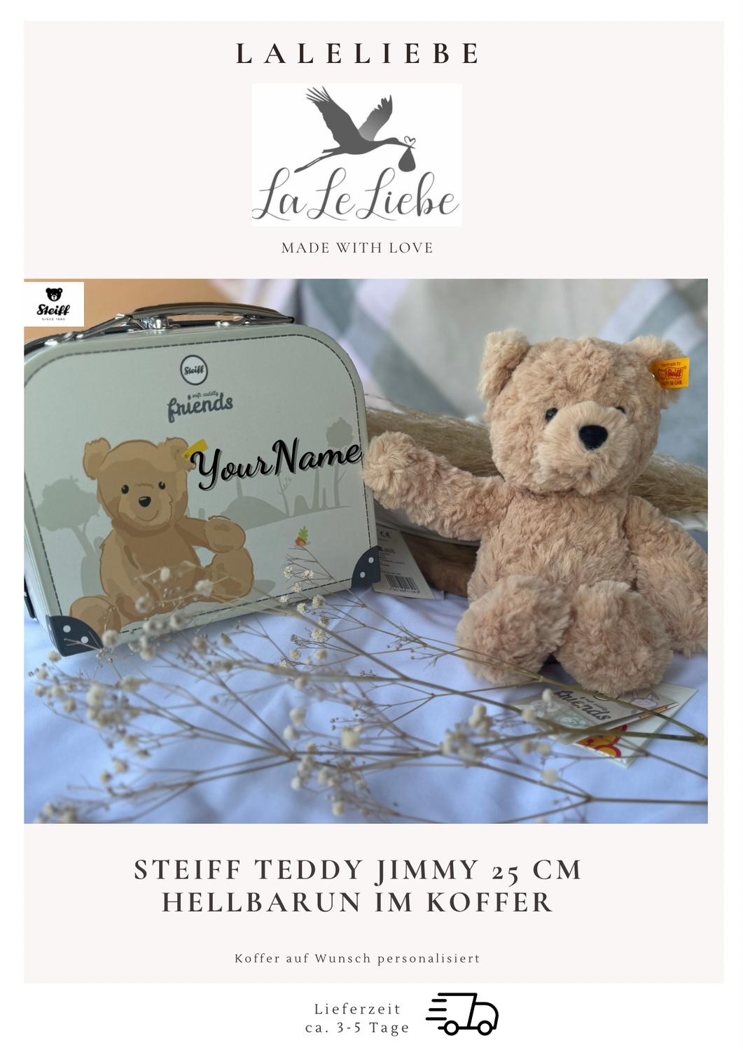 Steiff-Teddybär hellbraun Jimmy im Koffer | Stofftier mit Name | Kuscheltier als Geschenk zur Geburt | Babyparty | Geschenke für Mädchen oder Jungen