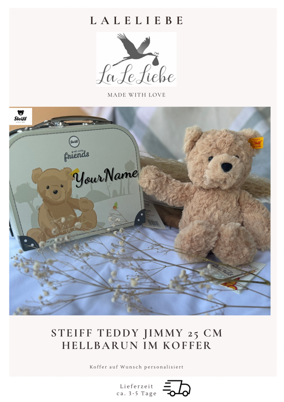 Steiff-Teddybär hellbraun Jimmy im Koffer | Stofftier mit Name | Kuscheltier als Geschenk zur Geburt | Babyparty | Geschenke für Mädchen oder Jungen