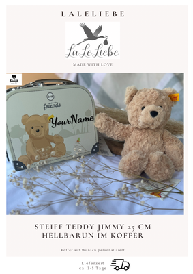 Steiff-Teddybär hellbraun Jimmy im Koffer | Stofftier mit Name | Kuscheltier als Geschenk zur Geburt | Babyparty | Geschenke für Mädchen oder Jungen