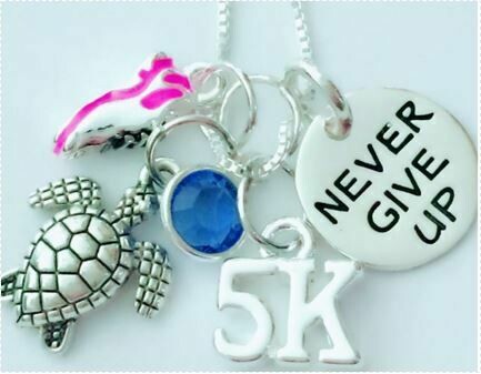 5K/10K Never Give Up Necklace with Turtle and Running Shoe Charms