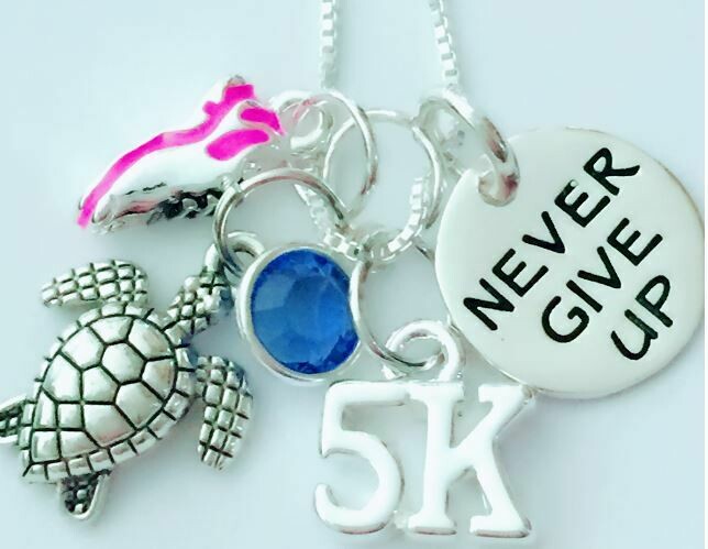 5K/10K Never Give Up Necklace with Turtle and Running Shoe Charms