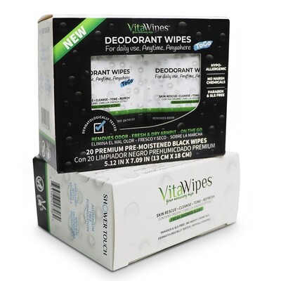 VitaWipes Deodorant Wipes ToGo - 20 Sheets individually wrapped in a box - 240 Carton Master - 2400 Boxes  (48,000 sheets Total)