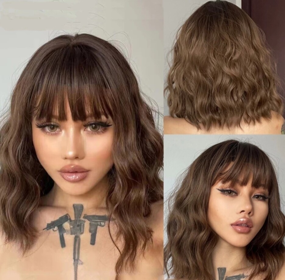 Brown Beachy Wave Bob with Fringe