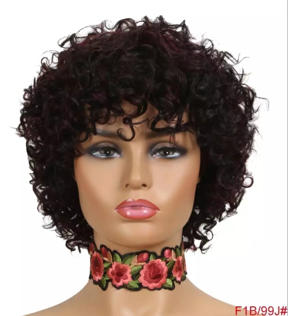 Black with Red Highlights Jerry Curl Human Hair Pixie Cut