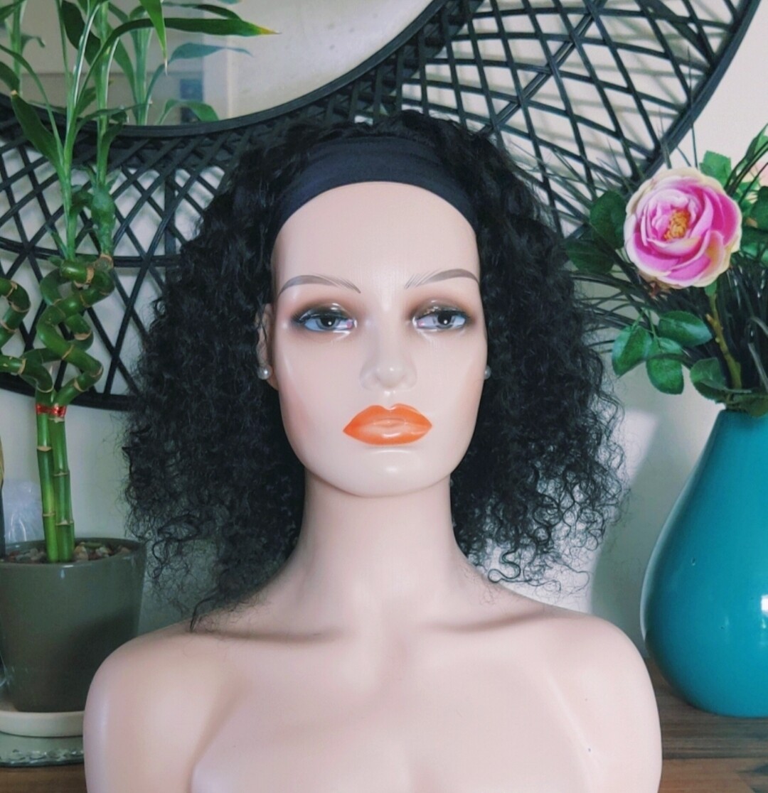 Cora - Headband Wig - Natural Black Curly Remy Hair